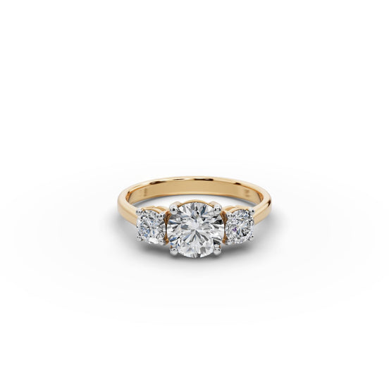 1.5 ct Round Lab Grown Diamond Three Stone Ring in yellow gold, front view