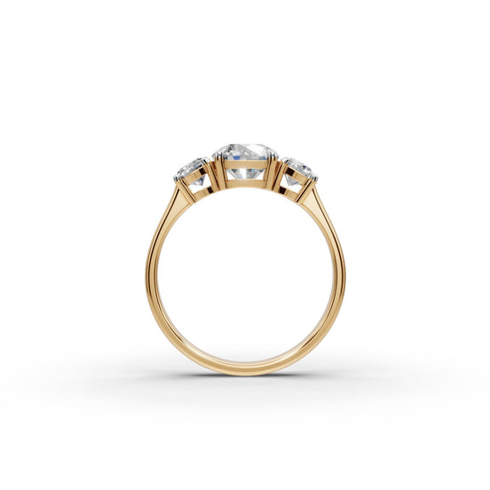 1.5 ct Round Lab Grown Diamond Three Stone Ring in yellow gold, view 2