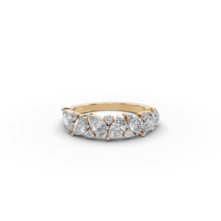 1.514 ct Pear and Round Lab Grown Diamond Band in yellow gold, front view