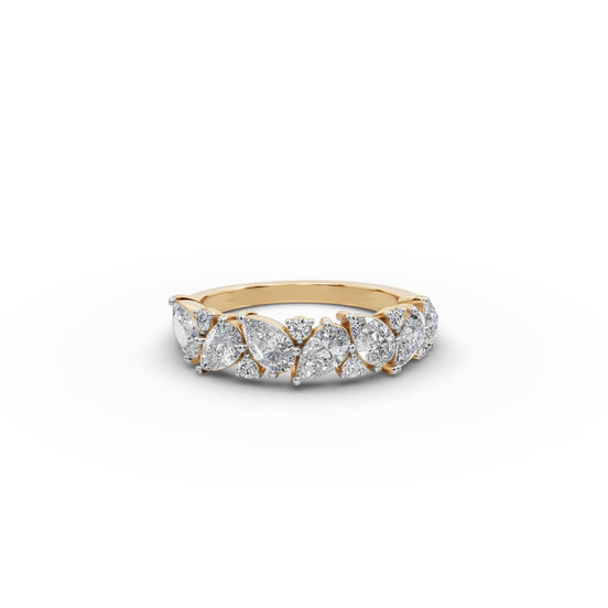 1.514 ct Pear and Round Lab Grown Diamond Band in yellow gold, front view