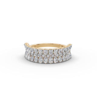 1.682 ct Pear and Round Lab Grown Diamond Band in yellow gold, front view