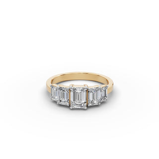1.75 ct Emerald Lab Grown Diamond Five Stone Ring in yellow gold, front view