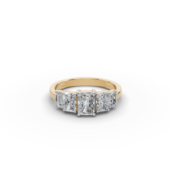 1.75 ct Radiant Lab Grown Diamond Five Stone Ring in yellow gold, front view