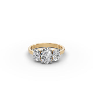 1.8 ct Oval Lab Grown Diamond Three Stone Ring in yellow gold, front view