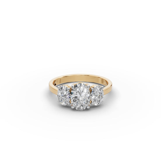 1.8 ct Oval Lab Grown Diamond Three Stone Ring in yellow gold, front view