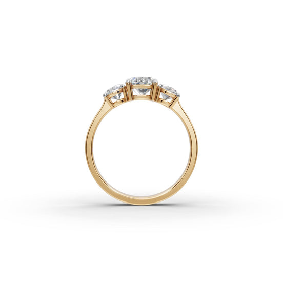 1.8 ct Oval Lab Grown Diamond Three Stone Ring in yellow gold, view 2