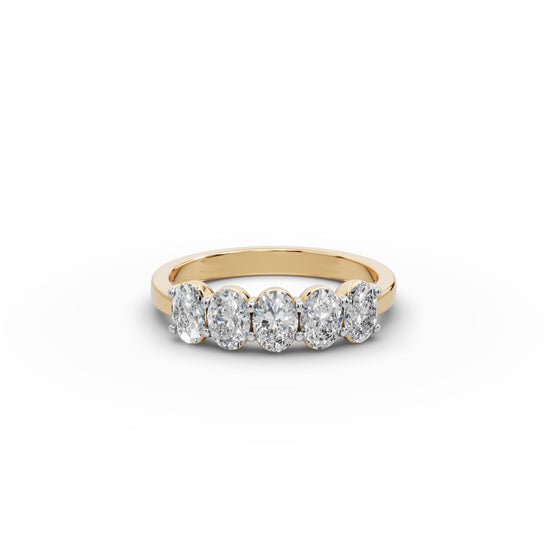 1 ct Oval Lab Grown Diamond Five Stone Band in yellow gold, front view