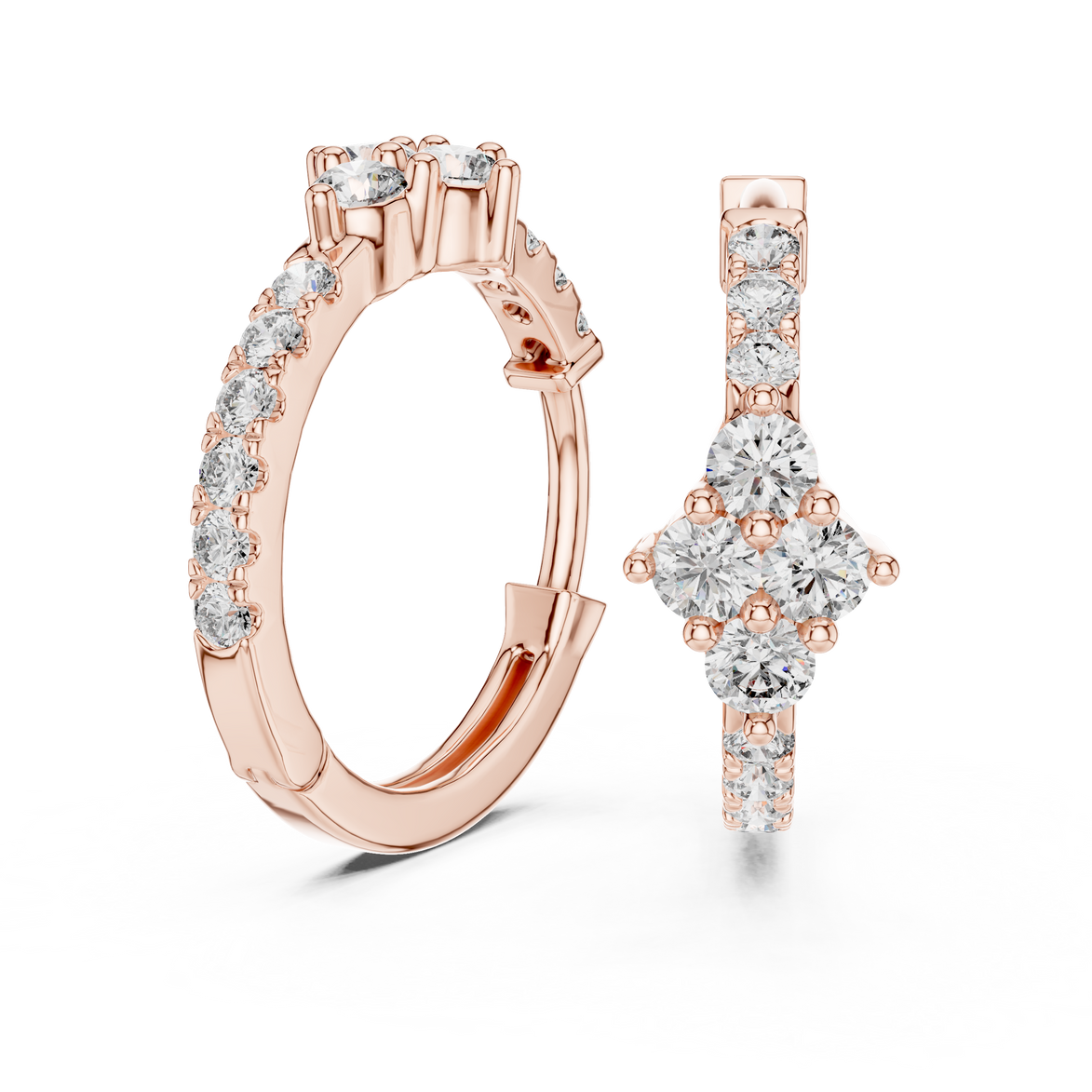 Diamond cluster hoop earrings with floral inspired design