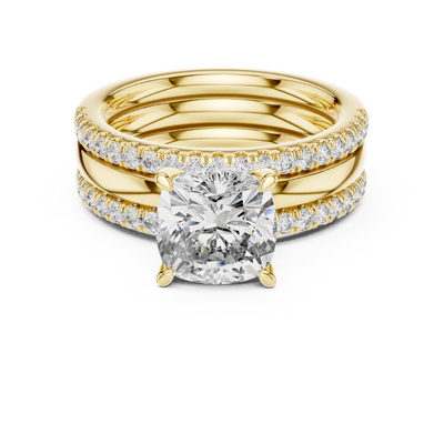 cushion diamond triple-row engagement ring in yellow gold
