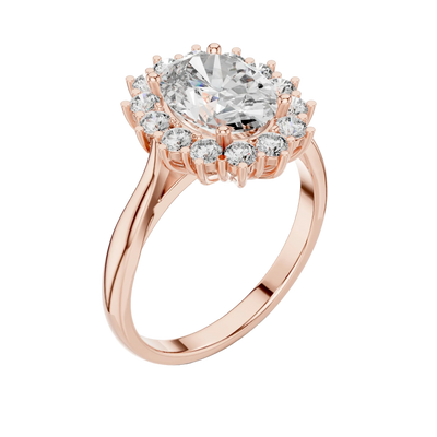 oval diamond scalloped halo engagement ring in rose gold
