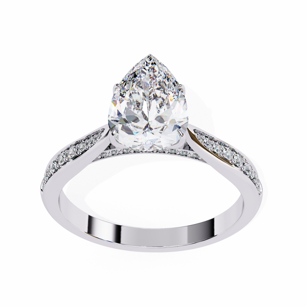 Diamond ring with a pear-shaped center stone on a white background