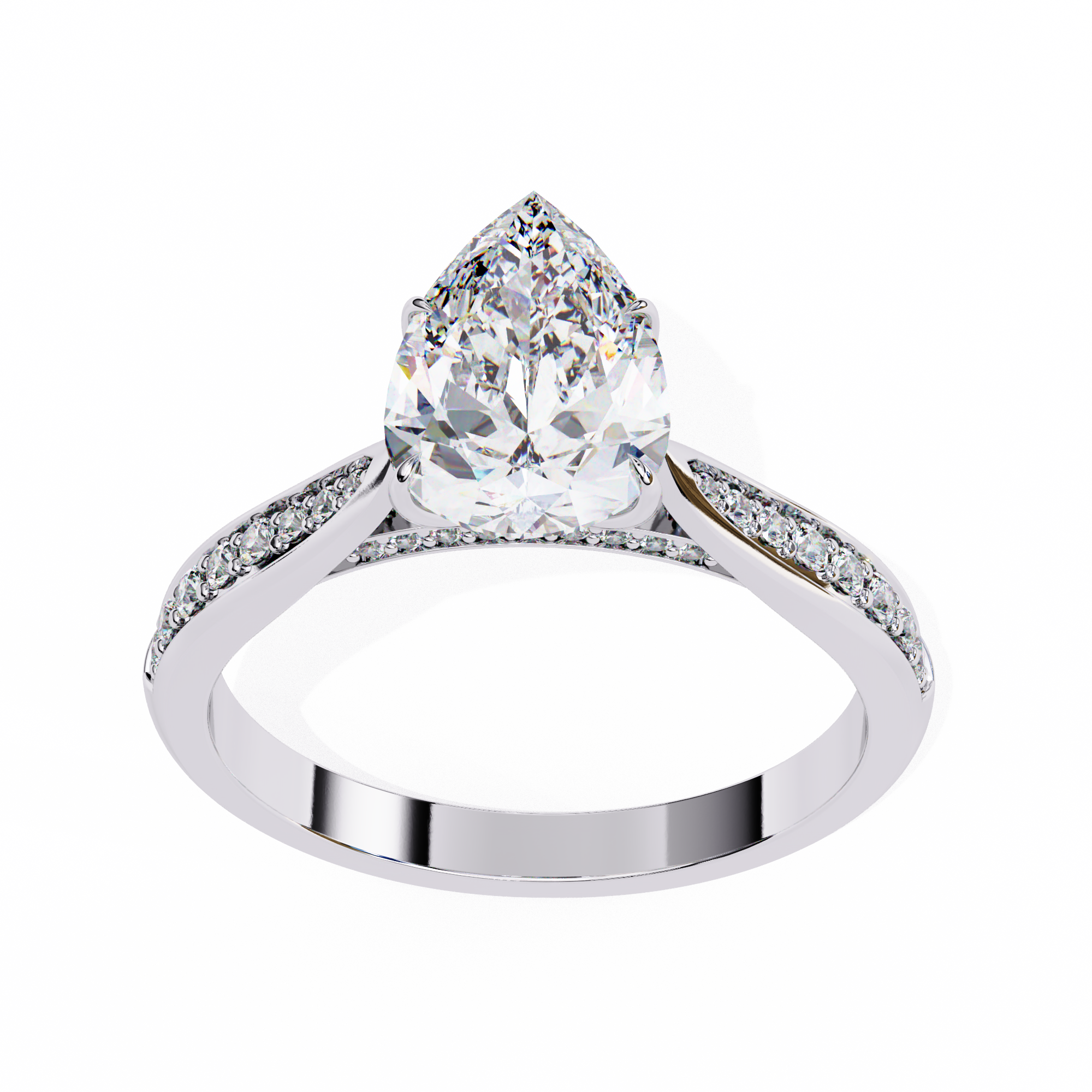 Diamond ring with a pear-shaped center stone on a white background