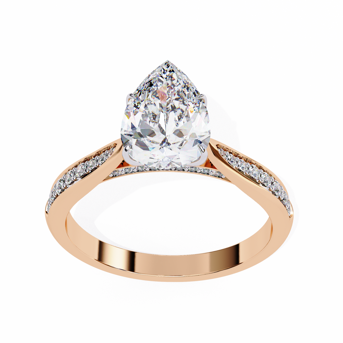 Rose gold ring with a pear-shaped diamond on a white background