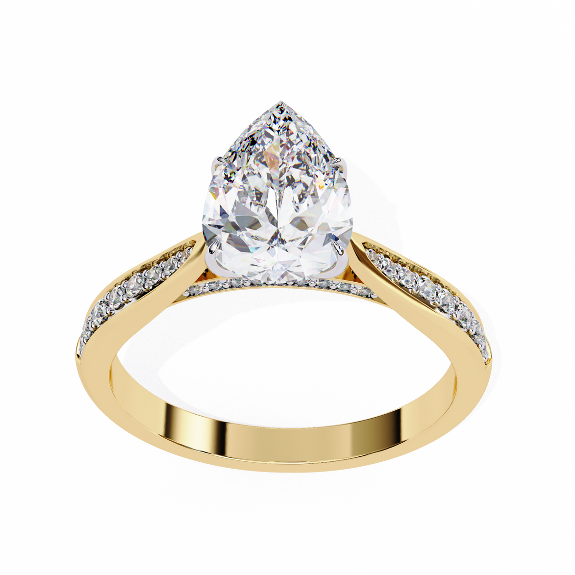 Gold ring with a pear-shaped diamond on a white background
