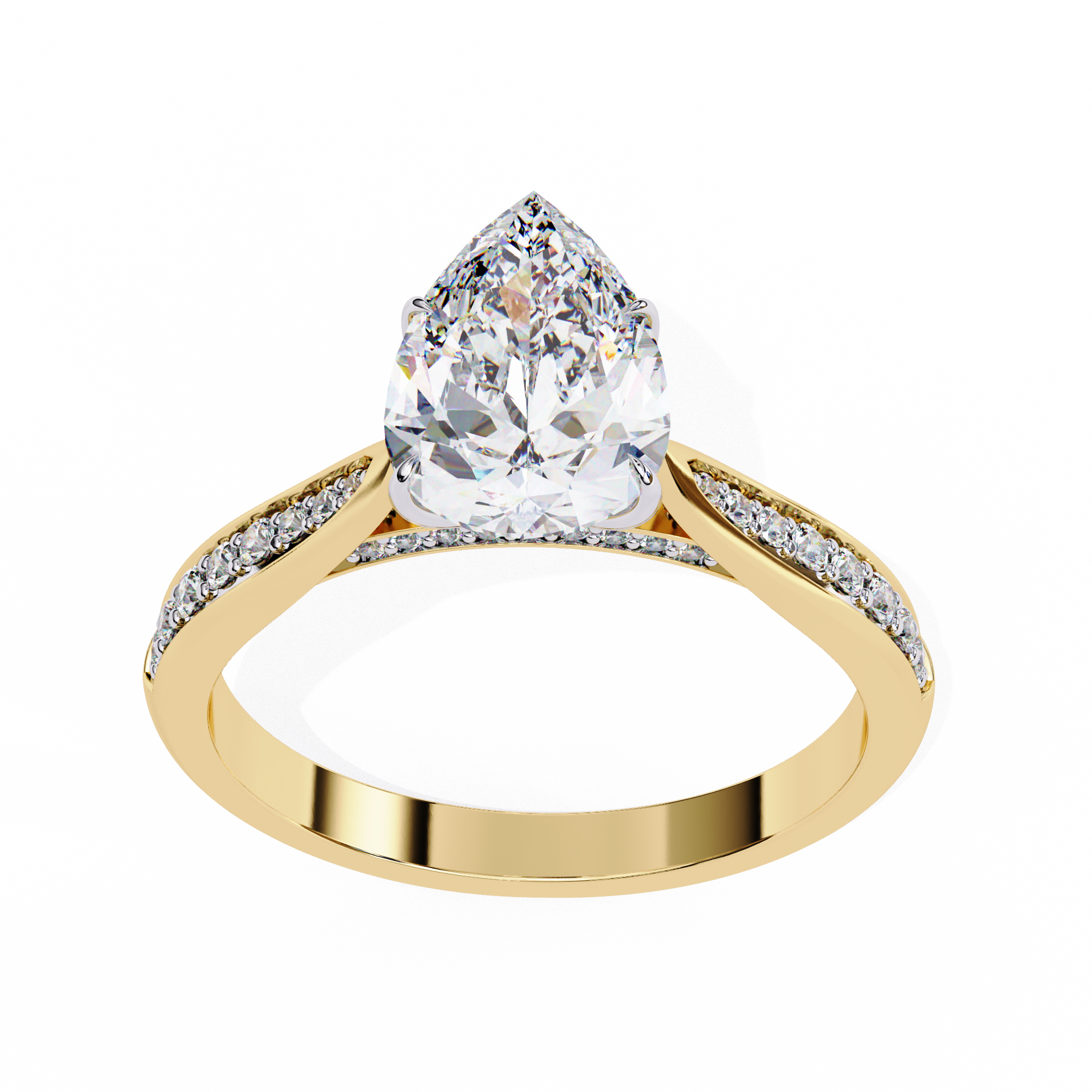 Gold ring with a pear-shaped diamond on a white background