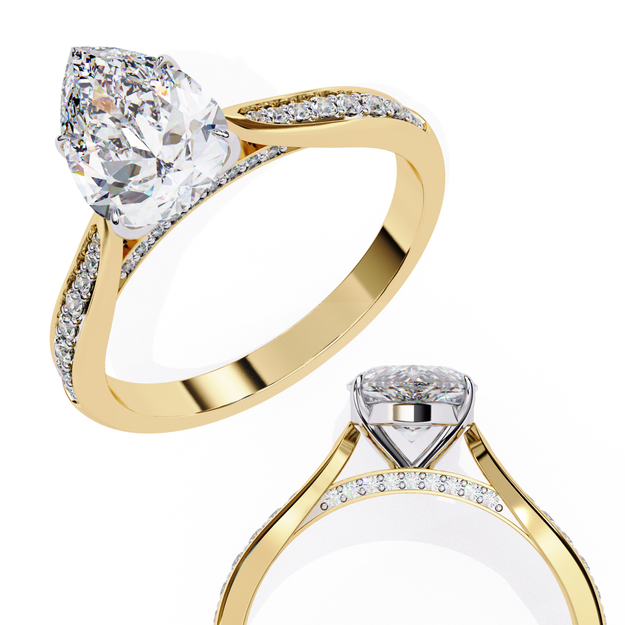 Gold ring with a large diamond and smaller diamonds on the band against a white background