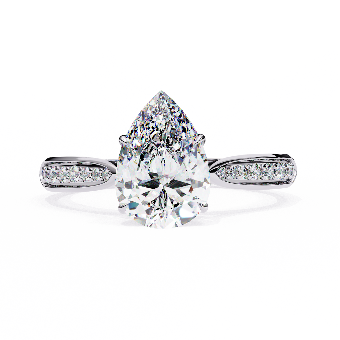 Diamond ring with a pear-shaped center stone on a white background