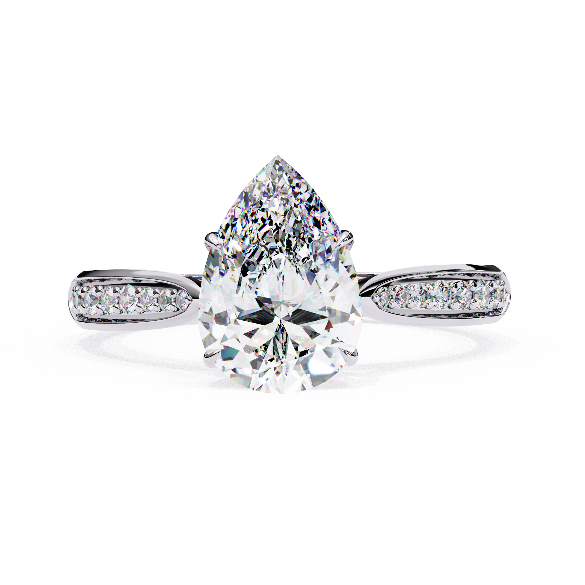 Diamond ring with a pear-shaped center stone on a white background