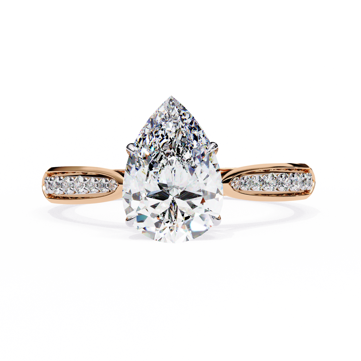 Rose gold ring with a large pear-shaped diamond and smaller diamonds on the band against a white background