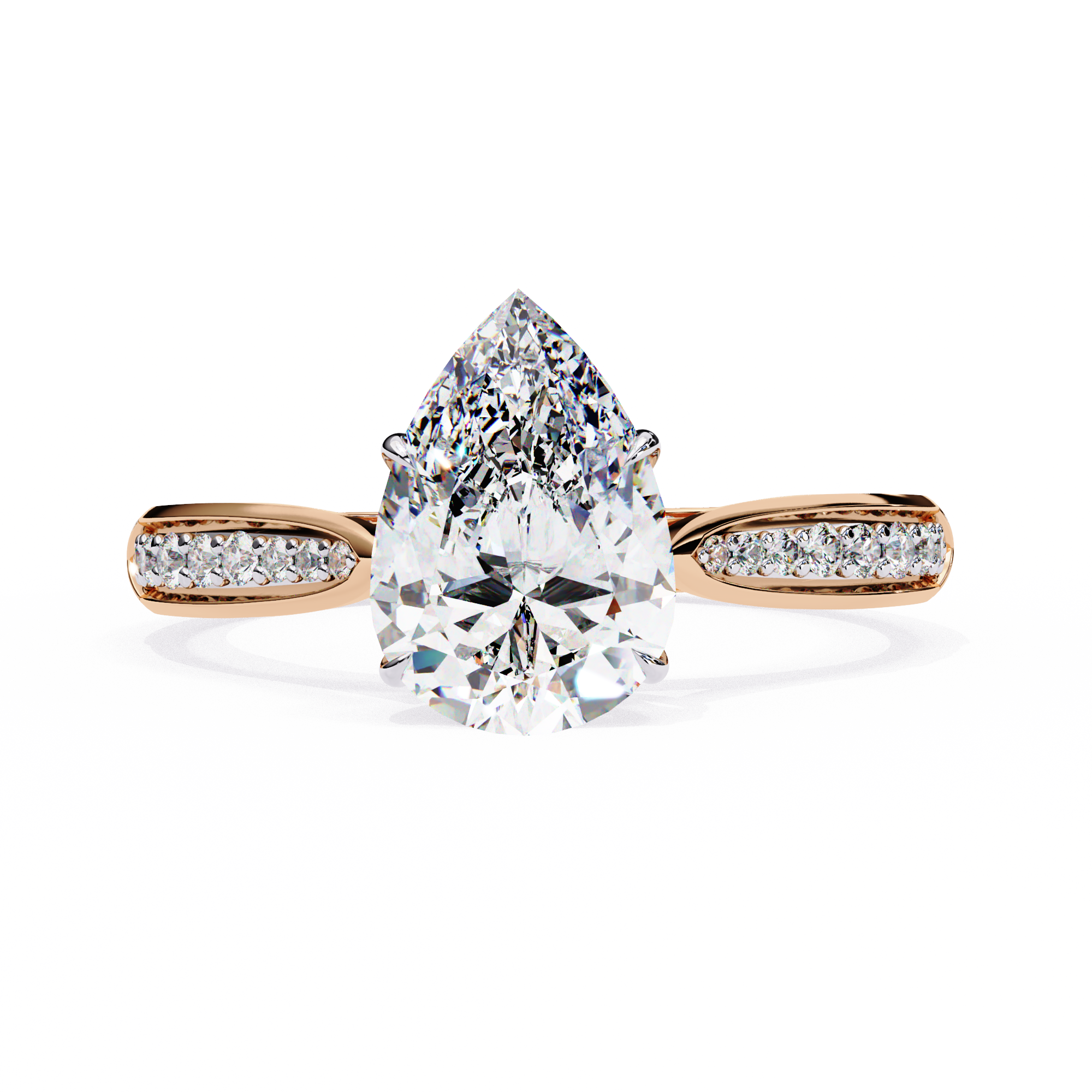 Rose gold ring with a large pear-shaped diamond and smaller diamonds on the band against a white background