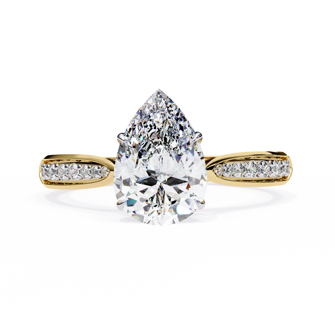 Gold ring with a pear-shaped diamond on a white background