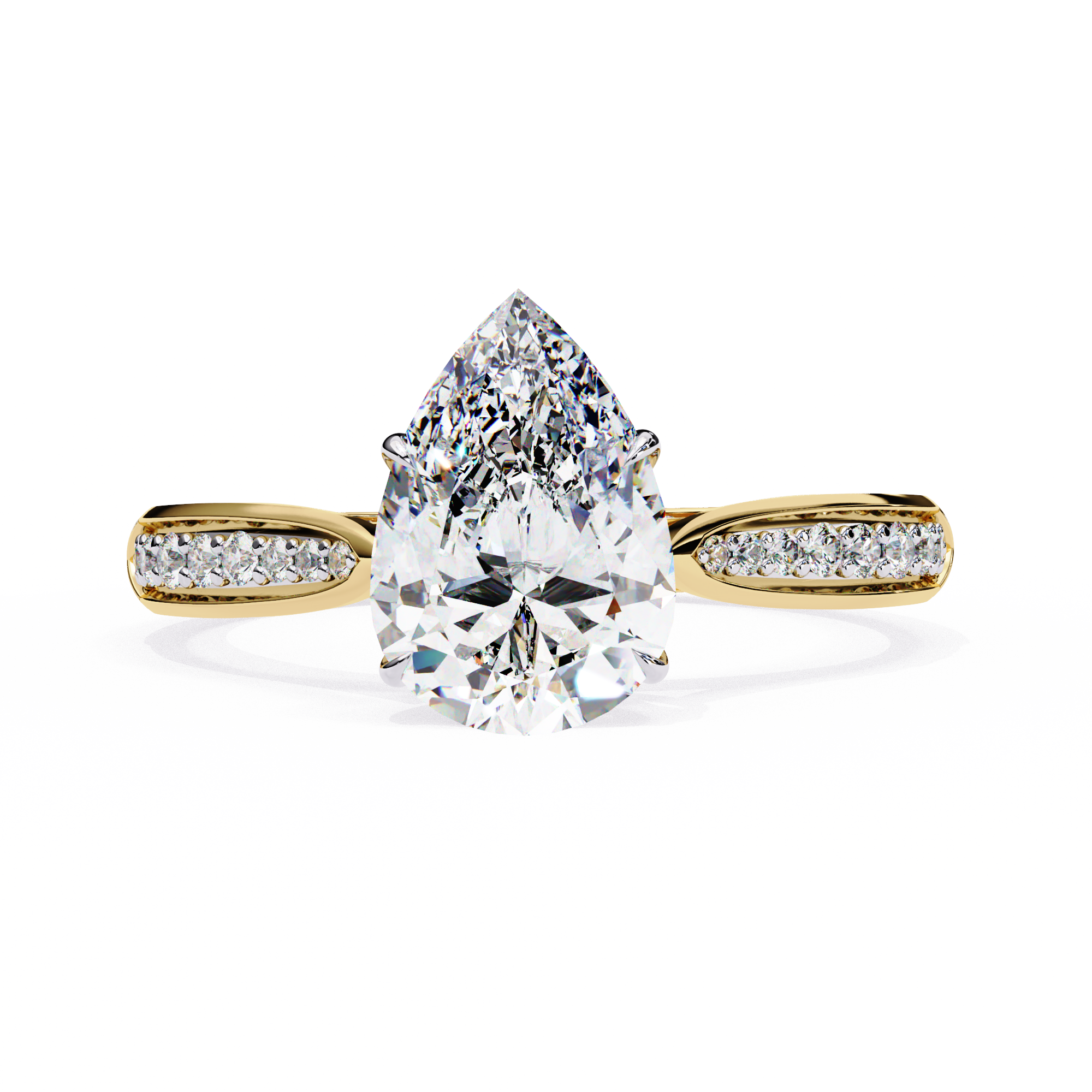Gold ring with a pear-shaped diamond on a white background