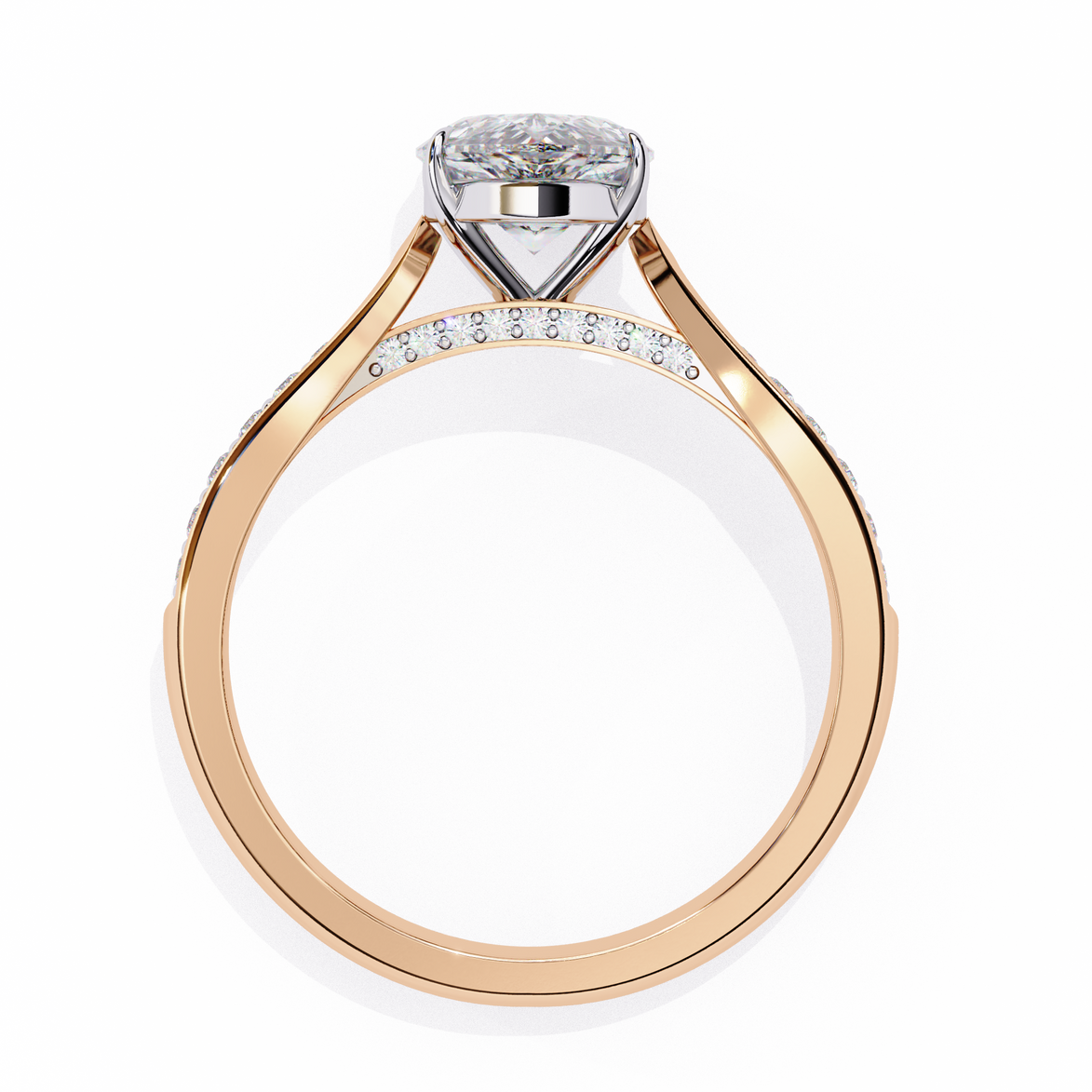 Rose gold ring with a diamond on a white background