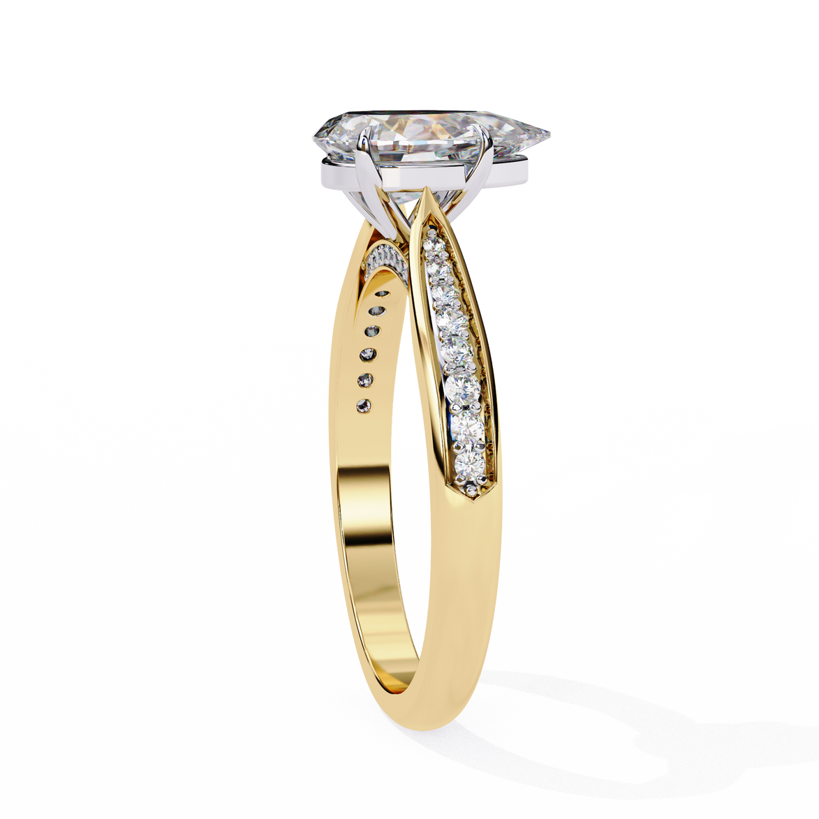 Gold ring with diamond accents on a white background