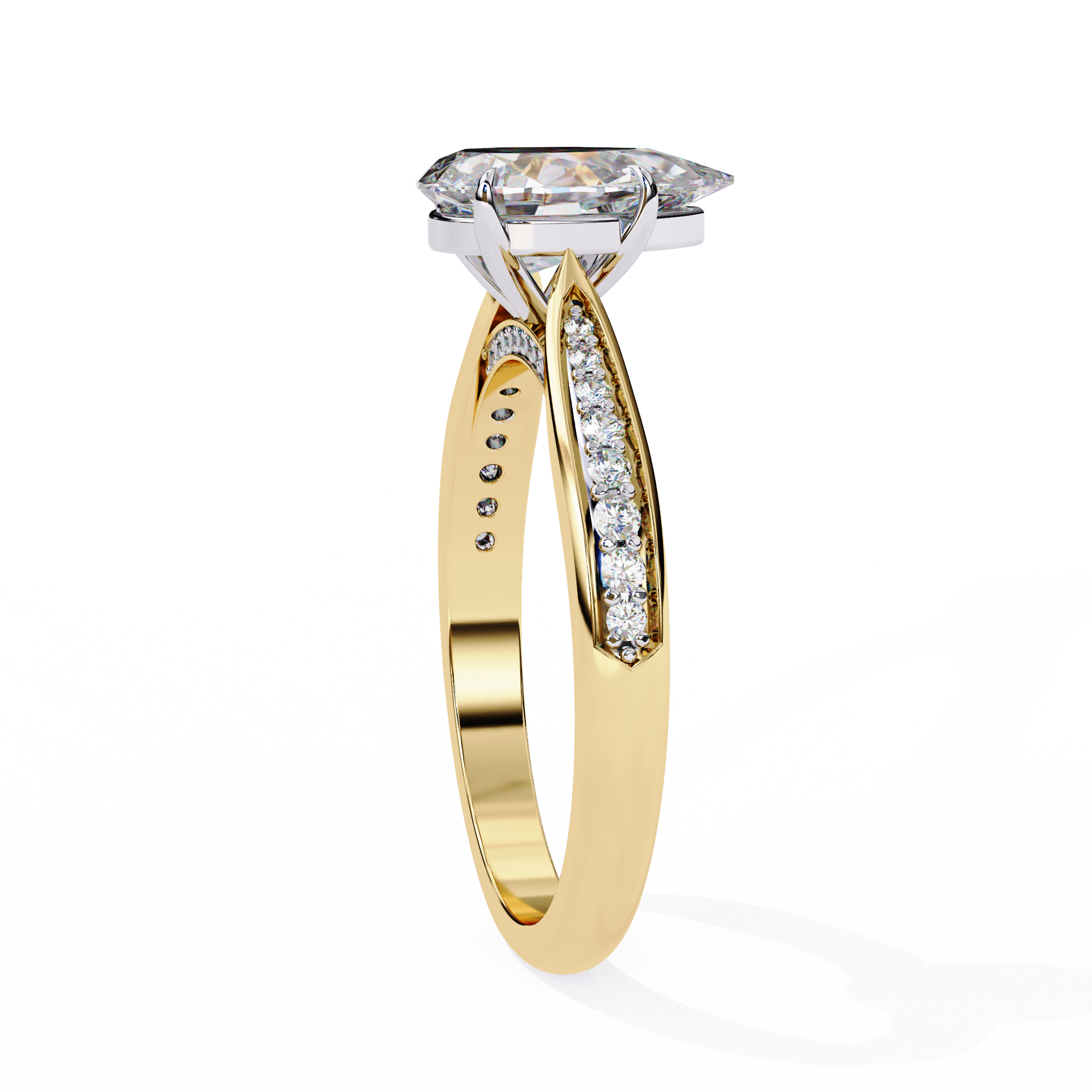 Gold ring with diamond accents on a white background