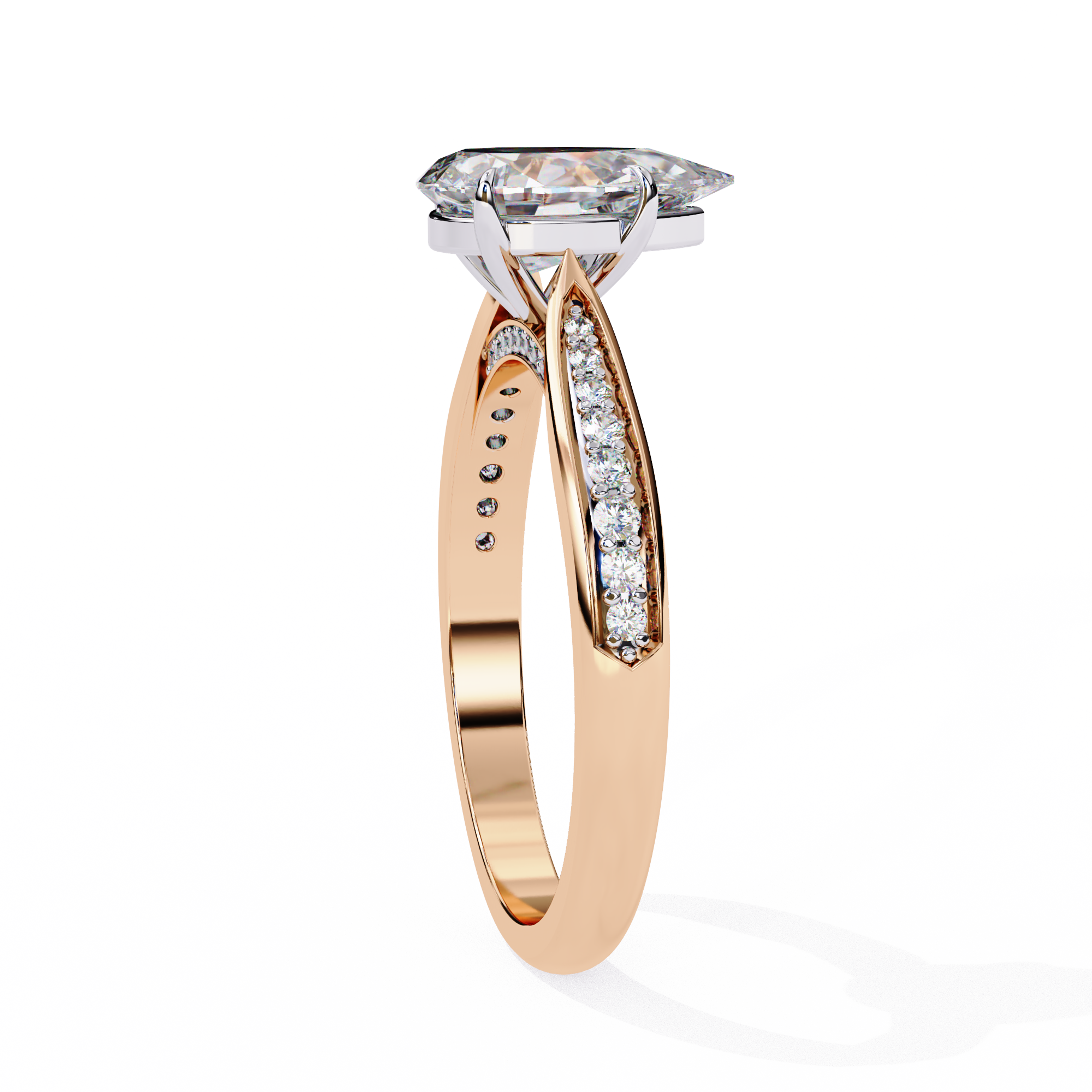 Rose gold ring with diamond accents on a white background
