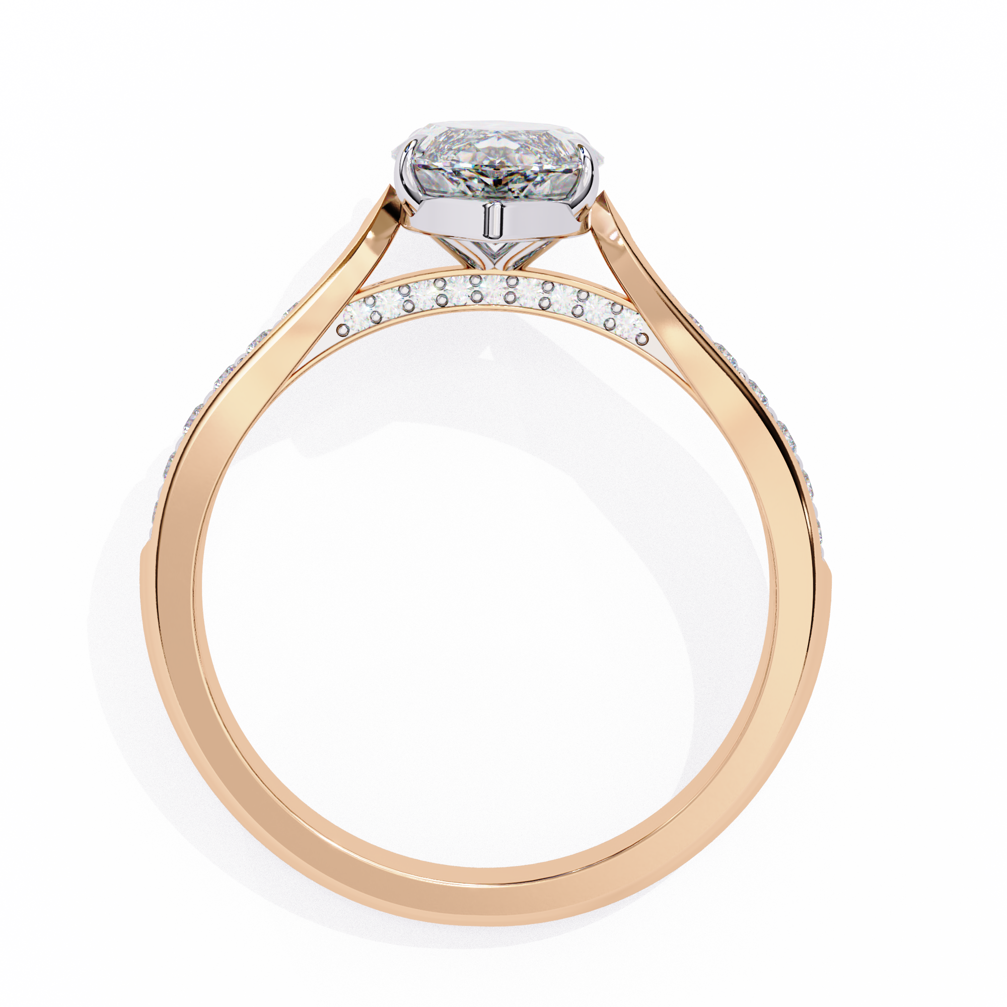 Rose gold ring with a diamond on a white background