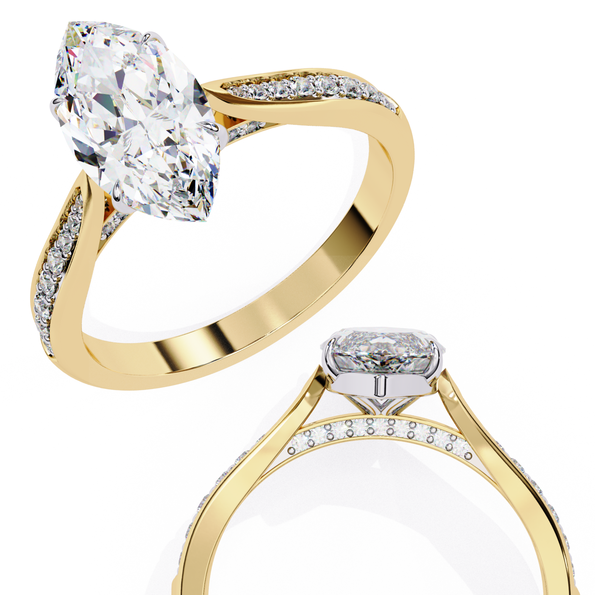 Two gold diamond rings on a white background