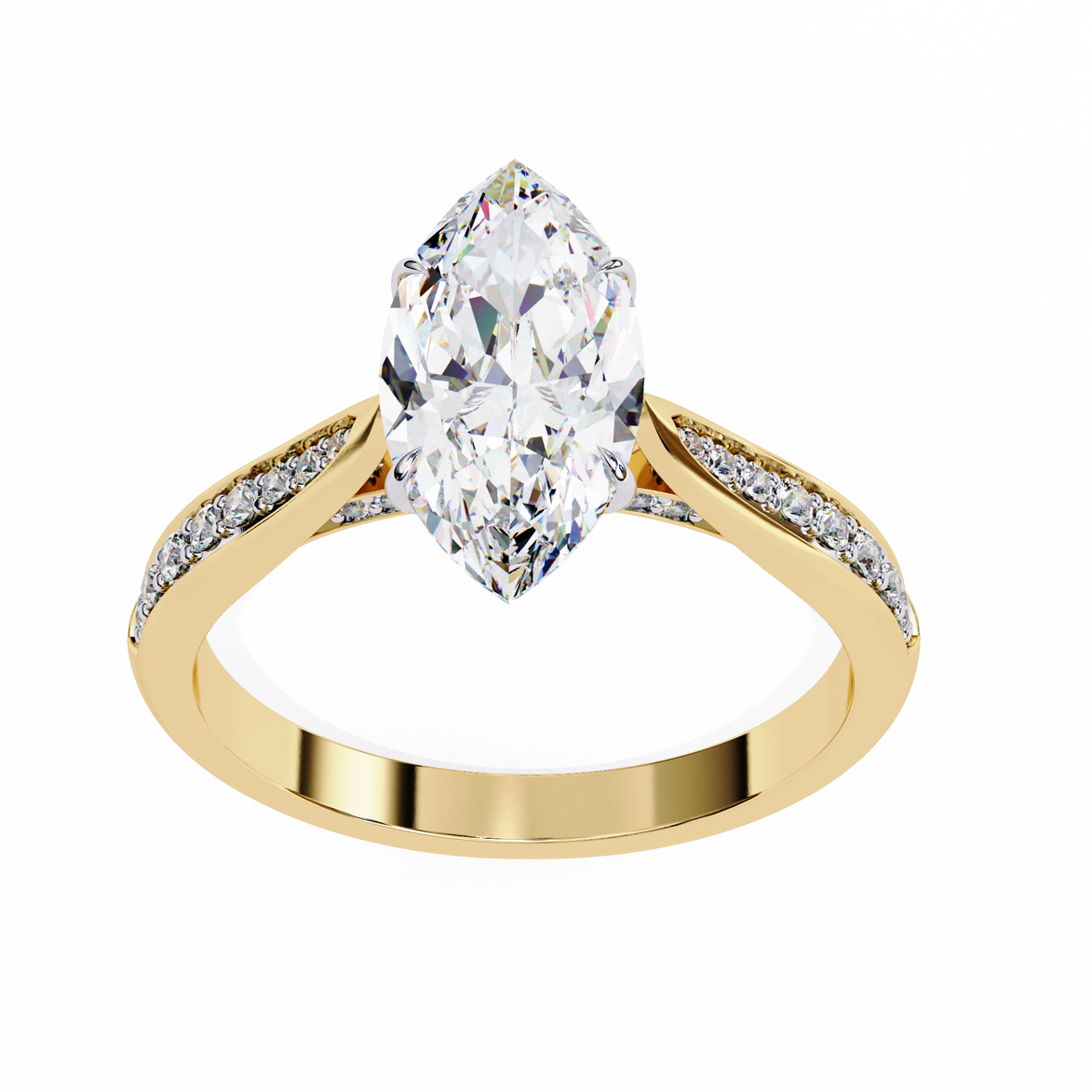 Gold ring with a pear-shaped diamond on a white background