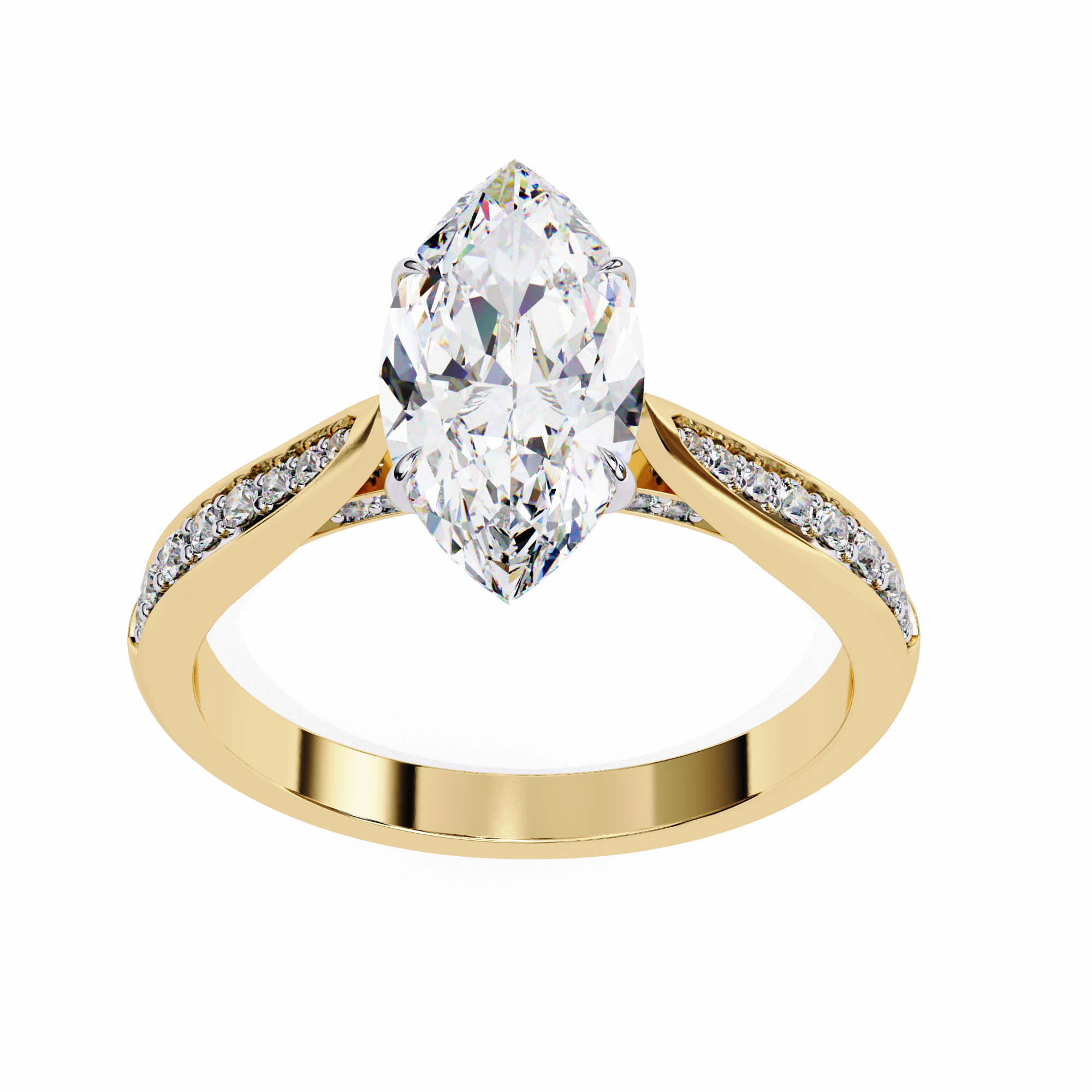 Gold ring with a pear-shaped diamond on a white background