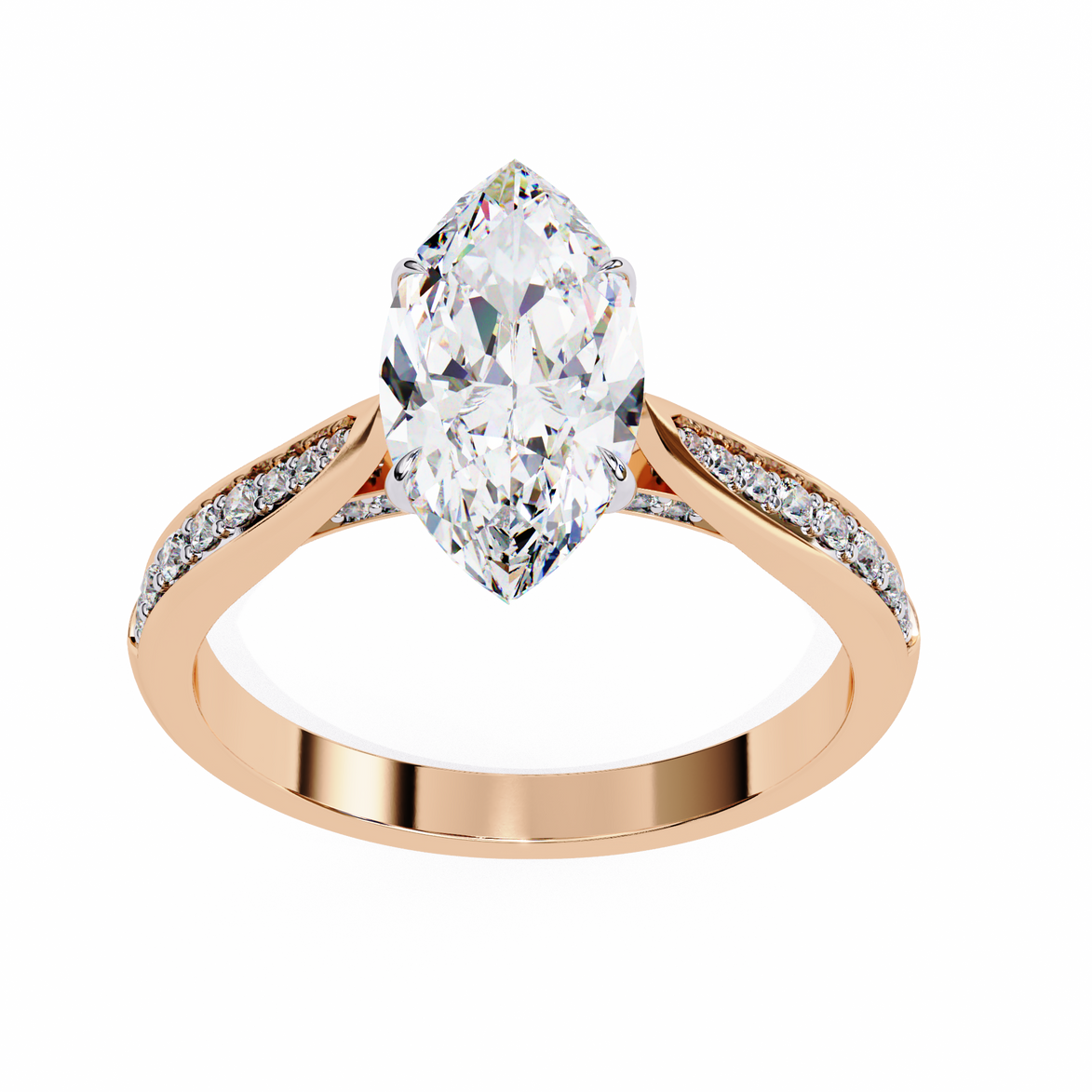 Rose gold ring with a pear-shaped diamond on a white background