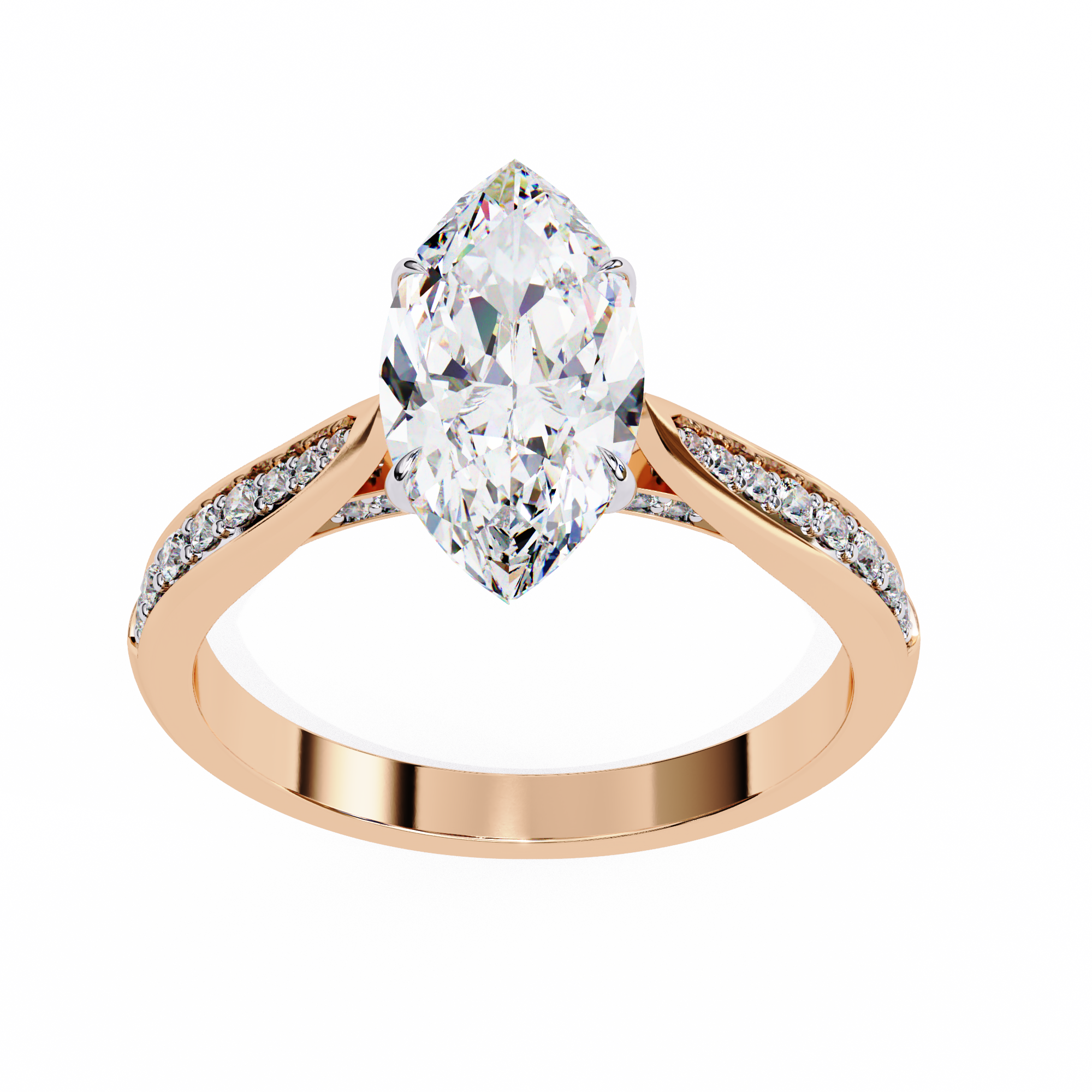 Rose gold ring with a pear-shaped diamond on a white background