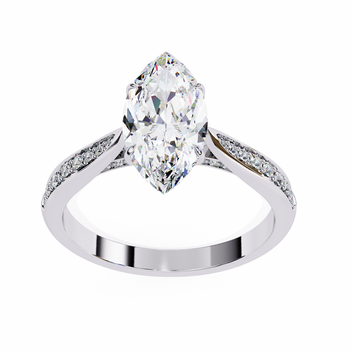 Diamond ring with a pear-shaped center stone on a white background