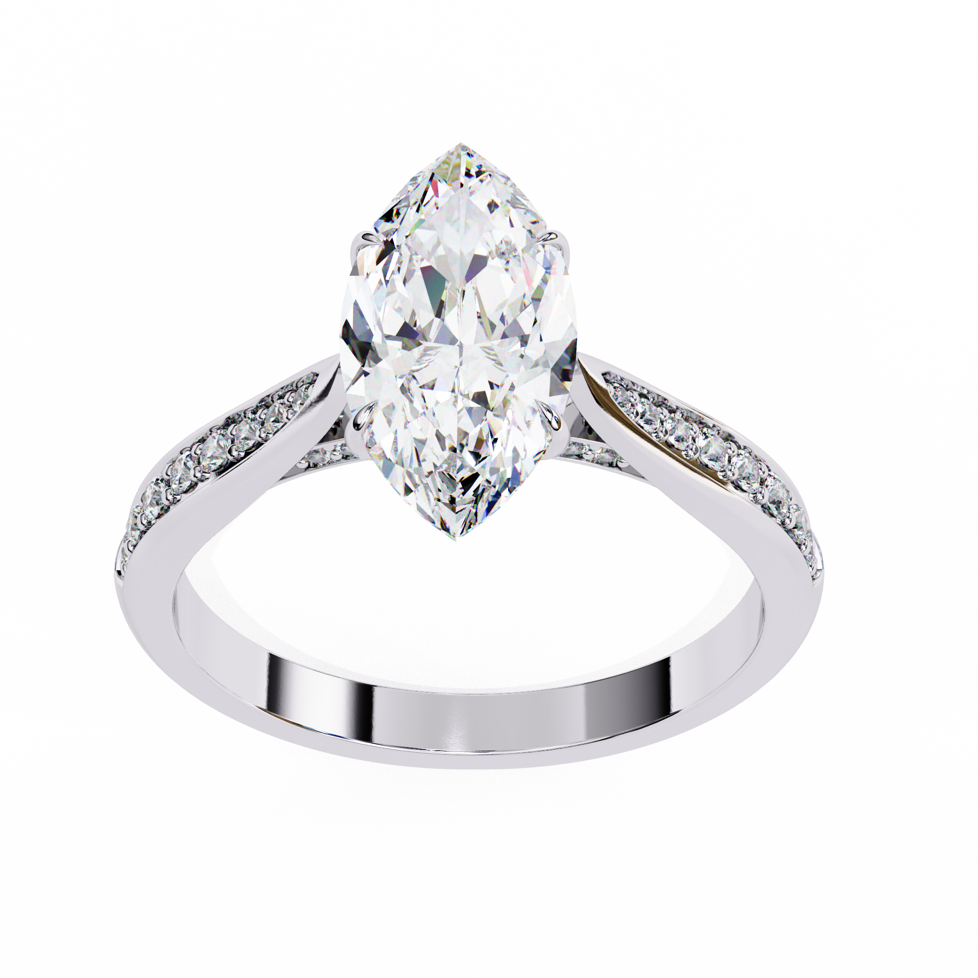 Diamond ring with a pear-shaped center stone on a white background