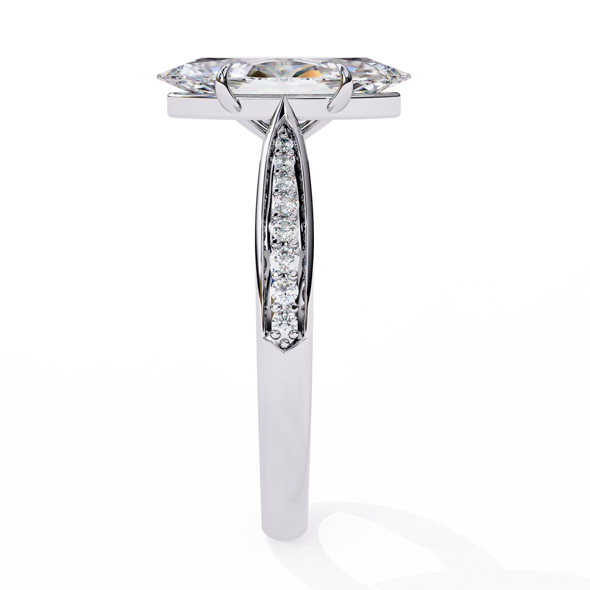 Diamond ring with a central stone and smaller stones on the band against a white background