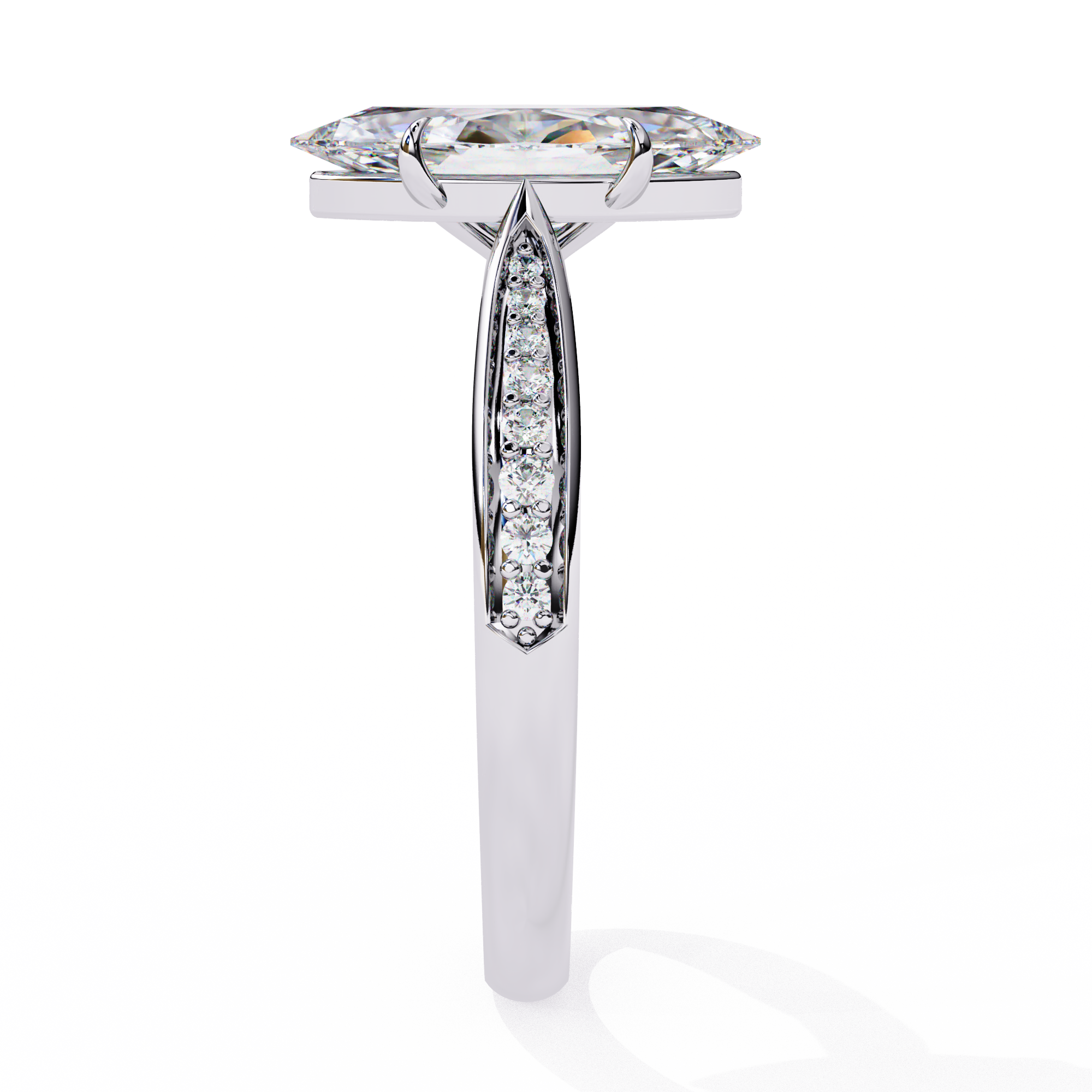 Diamond ring with a central stone and smaller stones on the band against a white background