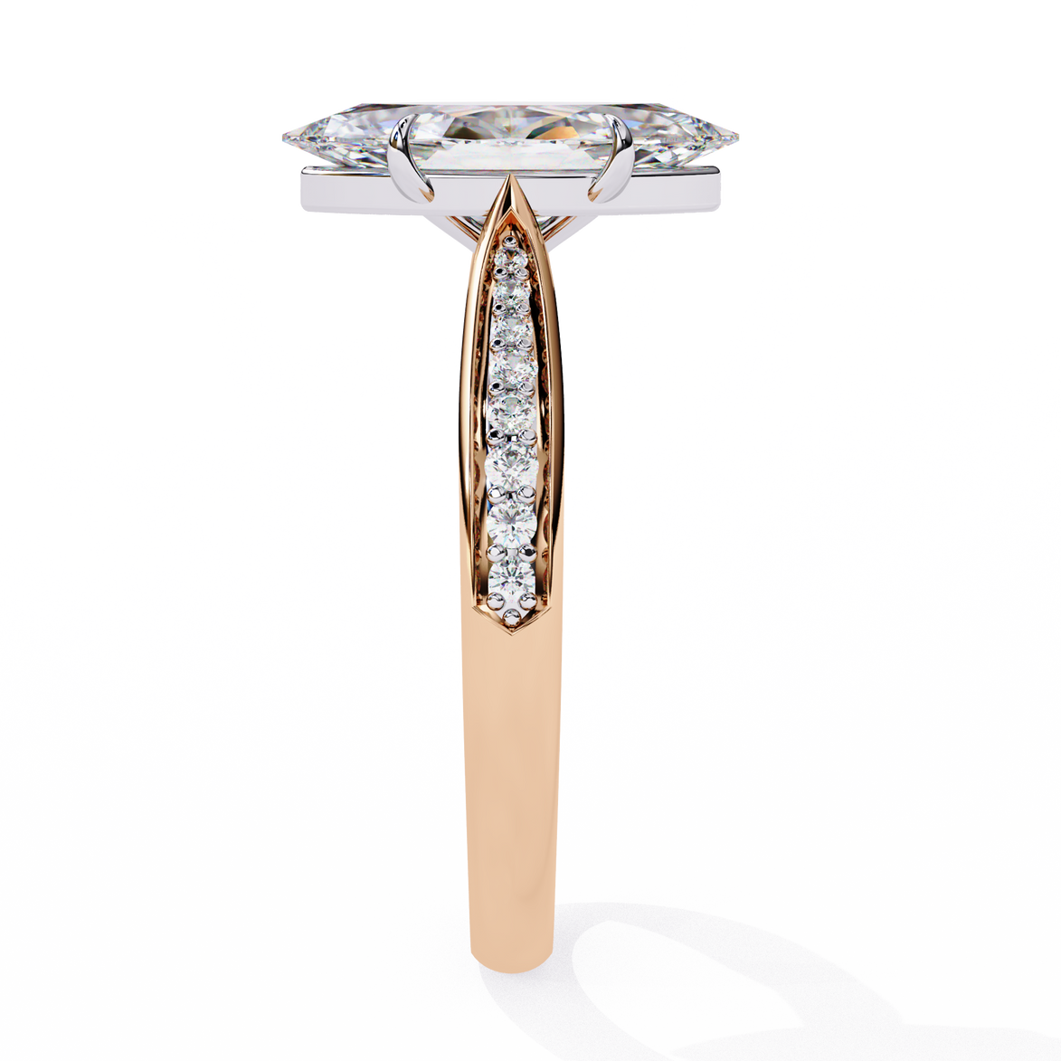 Rose gold ring with a diamond on a white background
