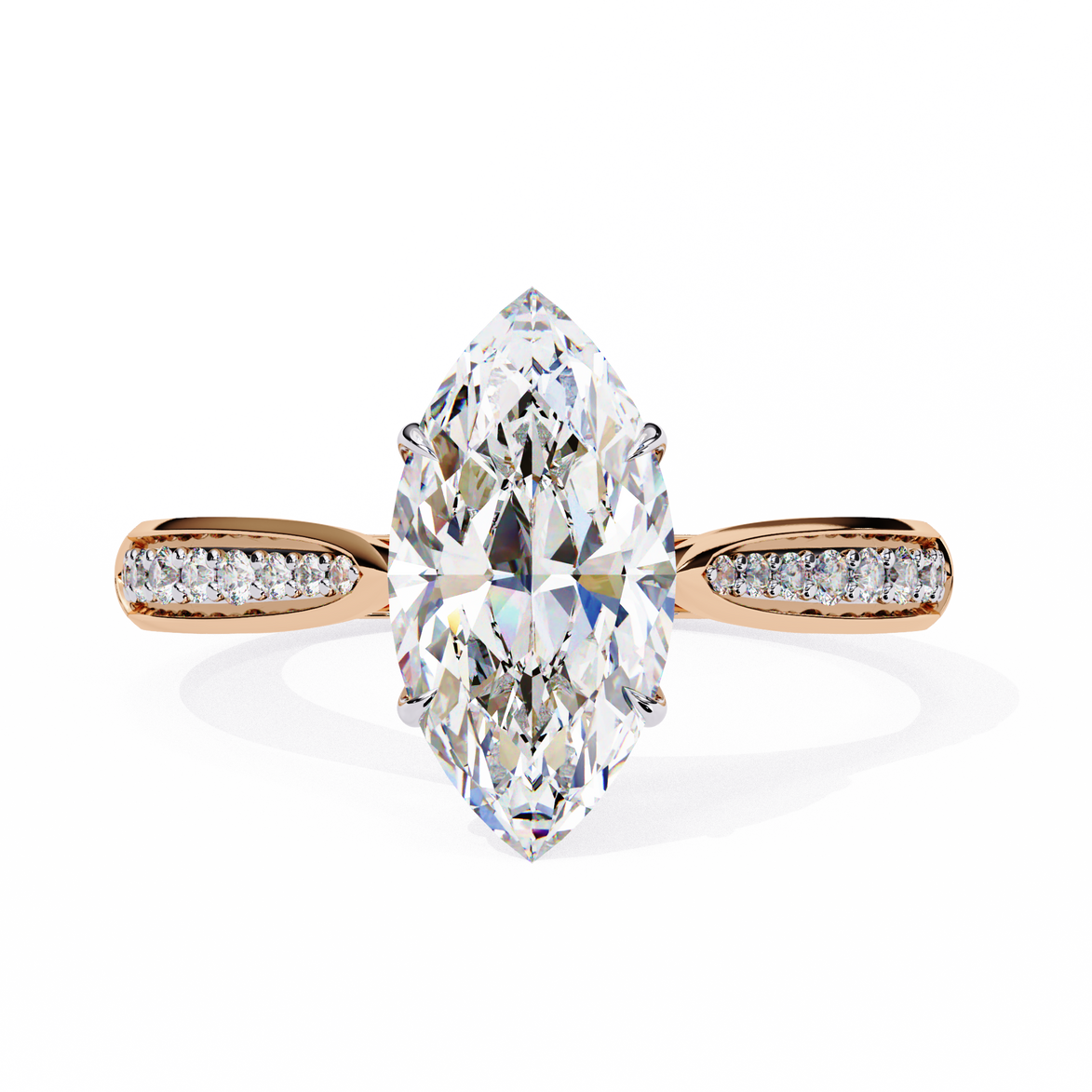 Diamond ring with a marquise-shaped center stone on a white background