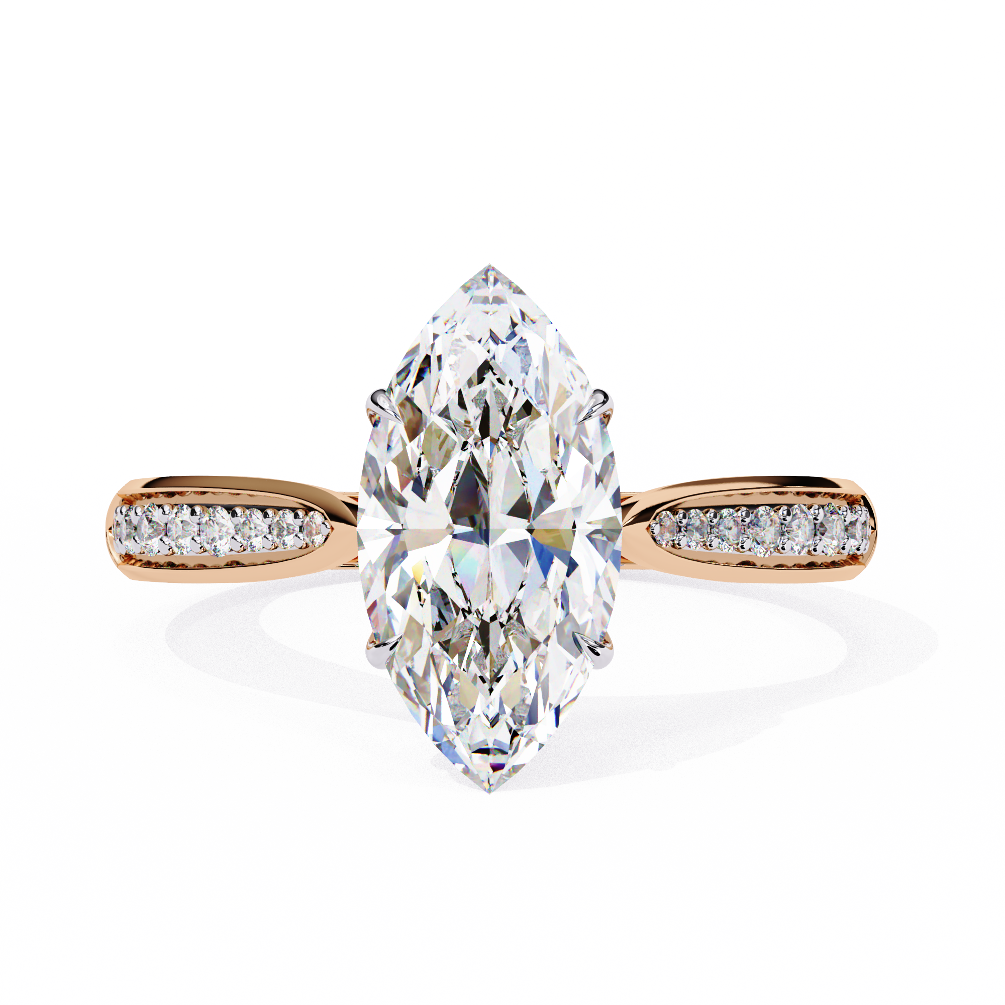 Diamond ring with a marquise-shaped center stone on a white background