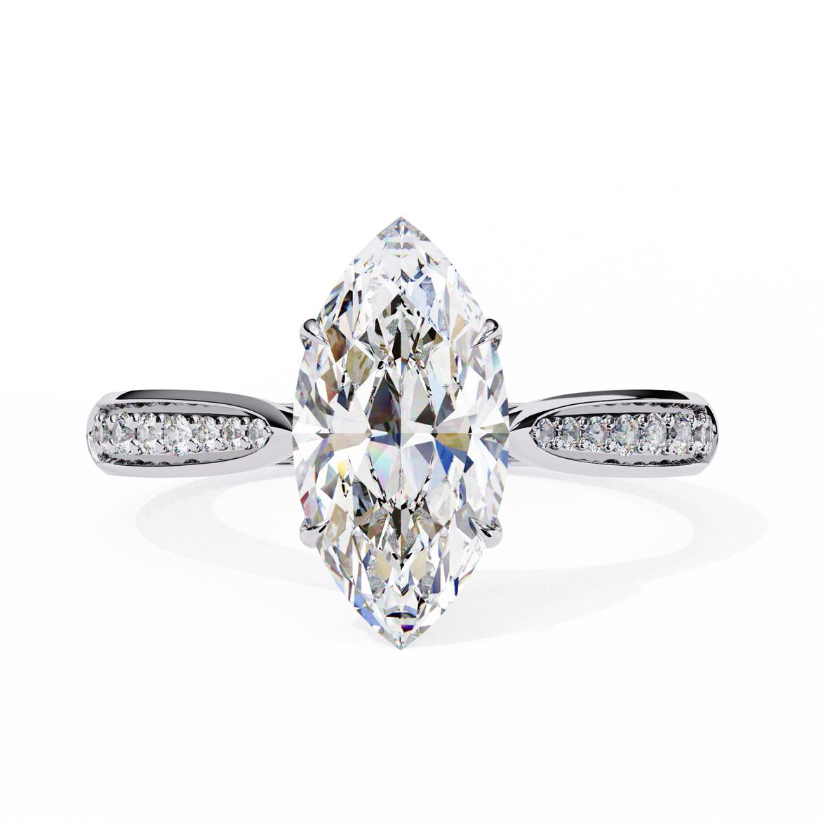 Diamond ring with a pear-shaped center stone on a white background