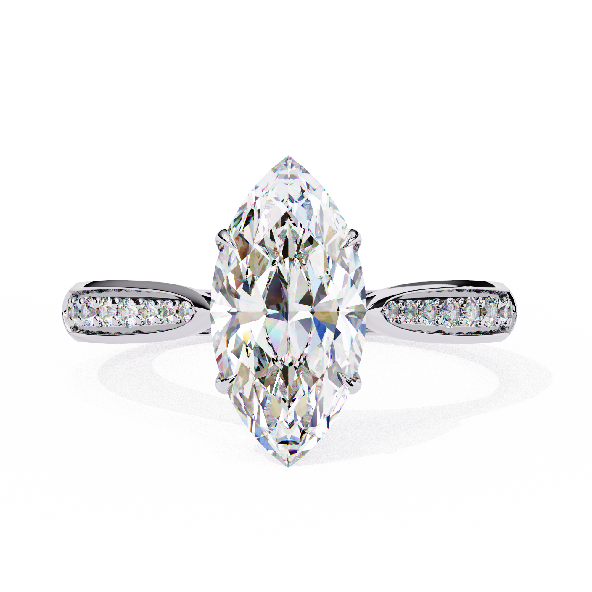 Diamond ring with a pear-shaped center stone on a white background
