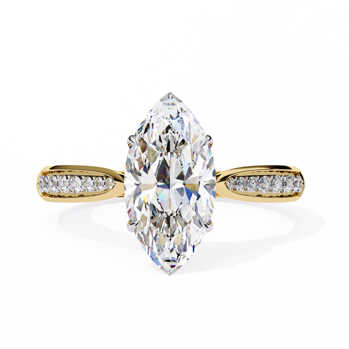Gold ring with a large marquise-shaped diamond and smaller diamonds on the sides against a white background