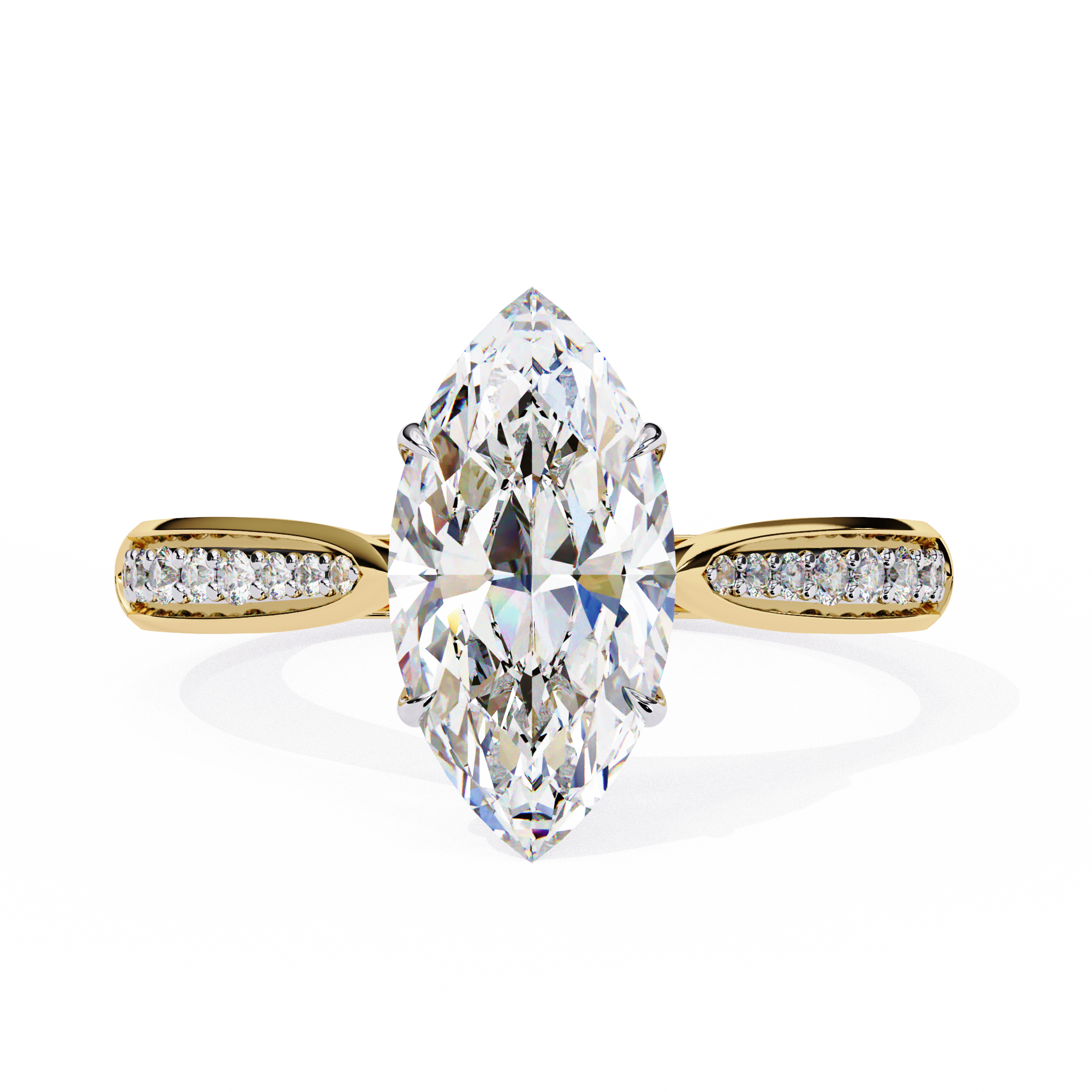 Gold ring with a large marquise-shaped diamond and smaller diamonds on the sides against a white background