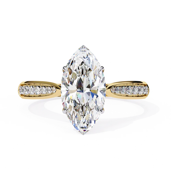 Gold ring with a large marquise-shaped diamond and smaller diamonds on the sides against a white background