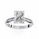 Diamond ring with a large central gemstone and smaller stones on the band against a white background