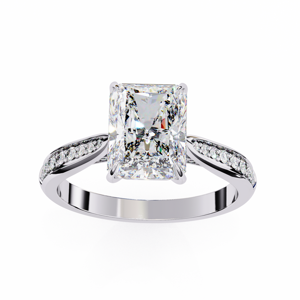 Diamond ring with a large central gemstone and smaller stones on the band against a white background